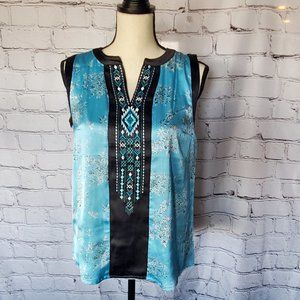 Panhandle, Sleeveless Tank, V Neck with Western Embroidery on Black Trim